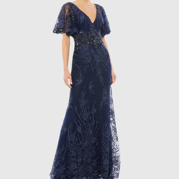 MAC DUGGAL 67493 VINTAGE FLUTTER SLEEVE EVENING MIDNIGHT NAVY GOWN sz 18 - Picture 2 of 5